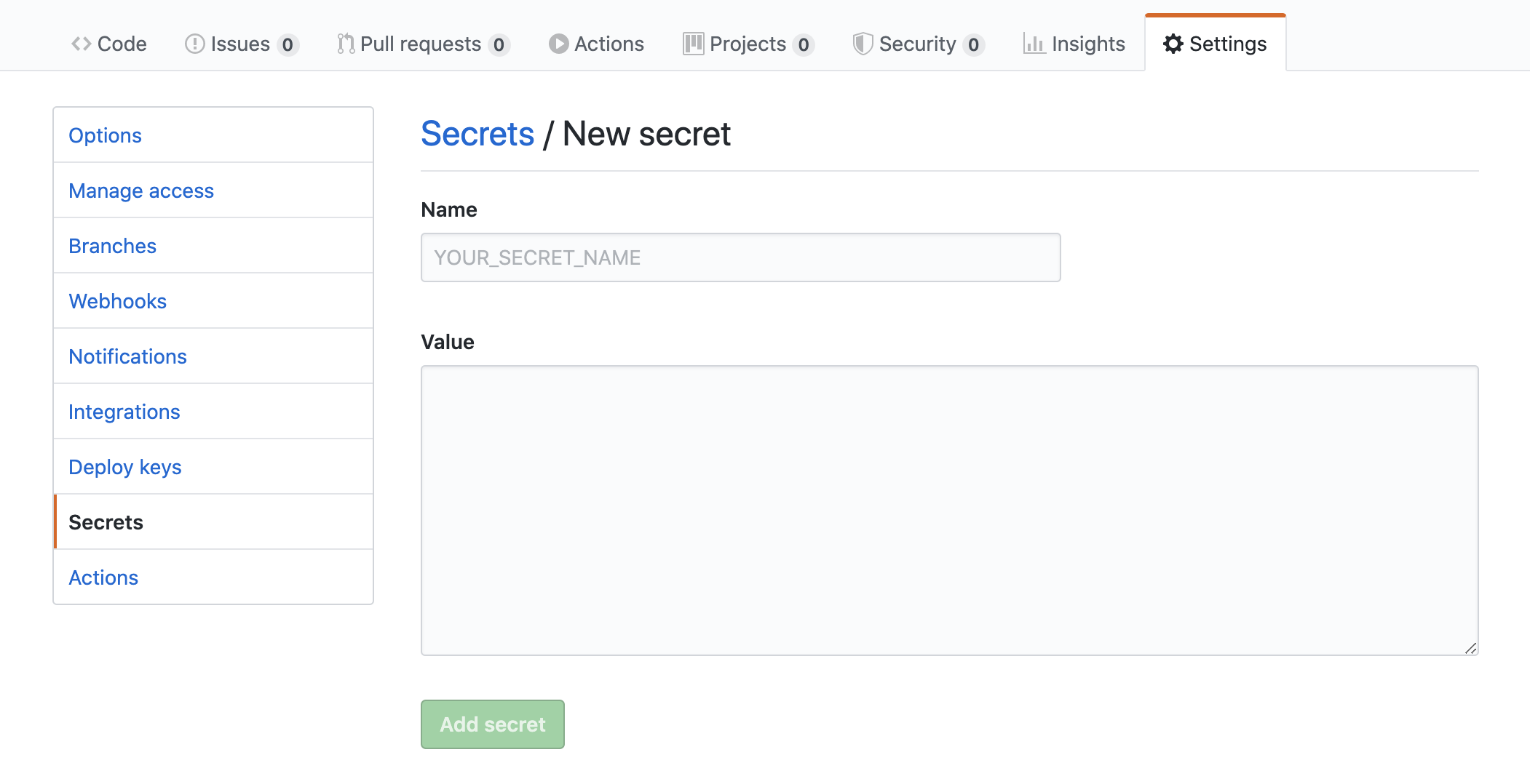 adding secrets UI on Github